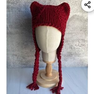 Kitty Hat with Ears Hot Red Acrylic Yarn
